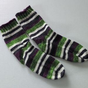 Hand Knit Striped Green and Purple Womens Socks